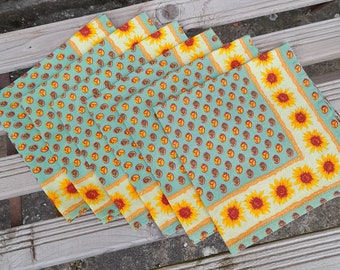 Set di sei tovaglioli di girasole provenzale, tovaglioli da tavola in cotone vintage francese, turchese verde e giallo, motivi tradizionali