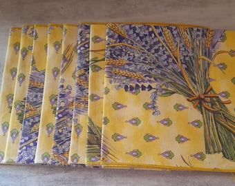 Eight provençal napkins with lavender sprigs - 36 cm square - provençal serviettes - French cloth - yellow and lavender