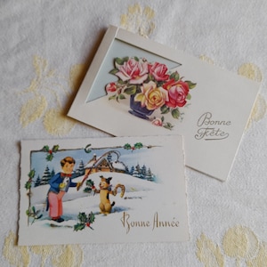 Zwei sehr süße Vintage Karten, Französisch, blanko, Geschenkanhänger, sehr kleine Karten