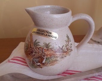 Rabbits, small rustic cream or milk jug - French vintage grès stoneware small jug - sticker les grès de la roche