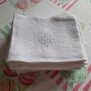 Ten old French large napkins - serviettes de table - embroidered, 72 x 57 cm, monogram BR, old off-white