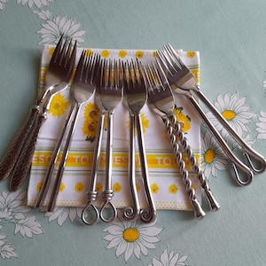 Twelve forks - French cutlery - metal, pretty handle designs, different designs, table forks, steel, 21 cm long