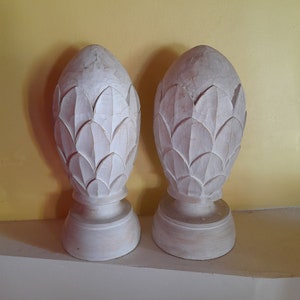 Two large finials, hand carved and painted mango wood, French decor - lovely vintage wood carving, rustic, two finials, lightweight wood
