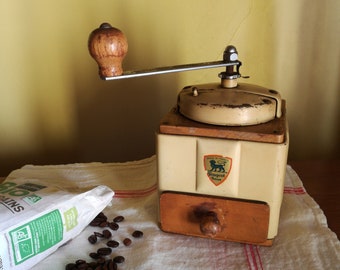 Vintage Peugeot coffee mill, French, cream coloured, wood and metal