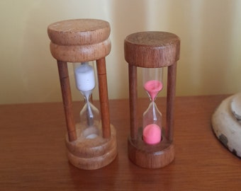 Two wooden French vintage egg timers, 3 minute timers