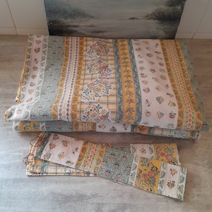 Provencal curtains, pair, vintage French ,Provence printed cotton, unlined, length 211  x width 75 cm per curtain, greens, mustard, white