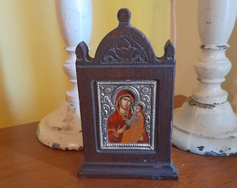 Jolie petite icône vintage - Scène religieuse Vierge à l'enfant sur bois avec riza en argent 950/1000, certificat au dos