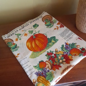 Peut inclure: Un tissu plié avec un motif de récolte d'automne. Le tissu présente une grosse citrouille orange, des raisins, des champignons et d'autres éléments d'automne. Le texte sur le tissu indique "AMERICAN HARVEST APPLIQUES". Le fond est de couleur crème clair.