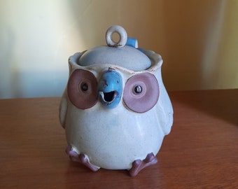 Petite théière hibou - pot vintage en terre cuite barbotine, thé pour un ou deux, japonais