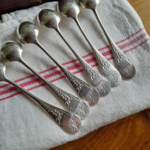 Ercuis Muguet spoons, 6 lovely coffee spoons - vintage French boxed tea/coffee spoons, metal argenté, blank cartouches, lily of the valley