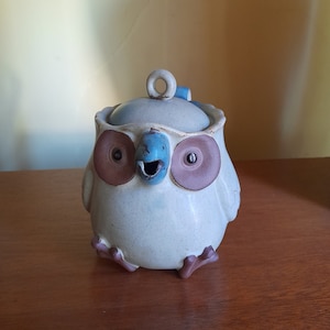 Puede incluir: Un recipiente de cerámica con forma de búho con tapa. El búho tiene ojos marrones grandes, pico azul y pies pequeños. El recipiente es principalmente blanquecino con detalles marrones, azules y morados. La tapa tiene un pequeño asa de bucle.