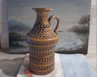 Hand made rustic jug/pitcher - hand made Germany - vintage grès stoneware pitcher, decorated, oil jug, liqueur carafe decanter vase, 20 cm