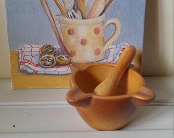 Lovely small rustic French vintage grès pestle and mortar - unglazed - Ducancel et Lebert