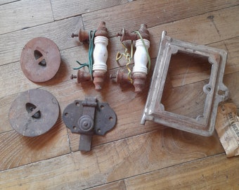 French vintage wood burning stove pieces - rustic and rusty metal pieces