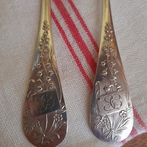 Ercuis Muguet spoon and fork, lovely serving set - vintage French Ercuis cutlery, metal argenté, cartouches engraved GC, lily of the valley
