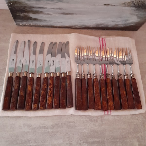 Pretty dessert cutlery, vintage, 20 pieces of cutlery - wood handles- Rostfrei, cutlery, knives, forks, dessert, cake, fruit