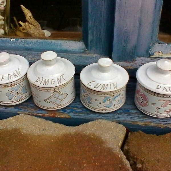 Spice jars - lovely glazed set of 4 pottery spice pots -  vintage lidded pots