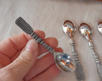 Set of six pretty Silea small moka spoons, boxed, lovely set of French silvered metal, table decor, cutlery, detailed,tassels, stamped