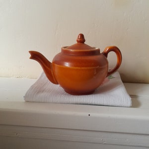May include: A brown ceramic teapot with a rounded body and a lid. The teapot has a spout and a handle.
