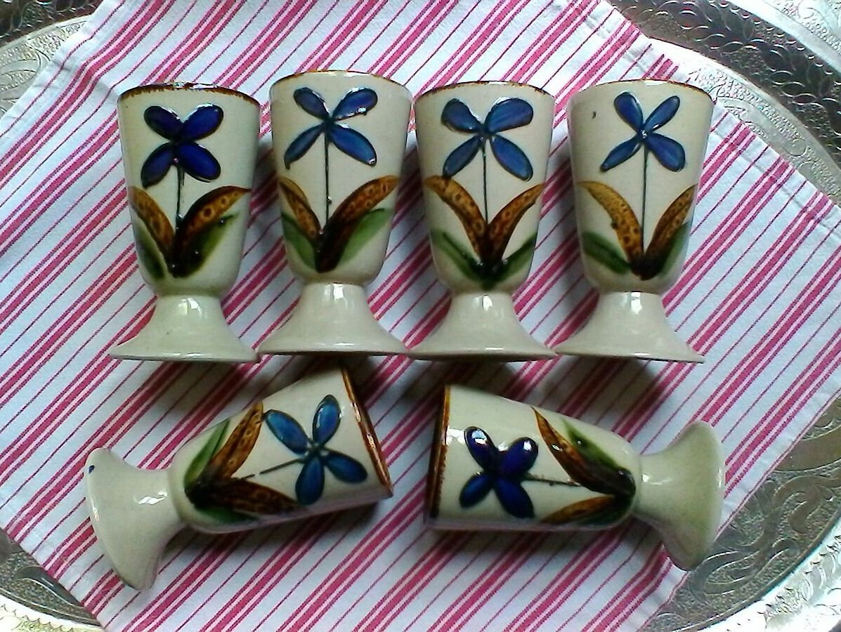 Joli Ensemble de 6 Mazagrans - Vintage Français Gobelets Grès Peints à La Main