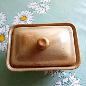 May include: A rectangular ceramic butter dish with a speckled tan glaze and a matching lid featuring a central knob handle. The dish has rounded corners and a smooth, glossy finish, showcasing a consistent earthy tone throughout the entire piece.