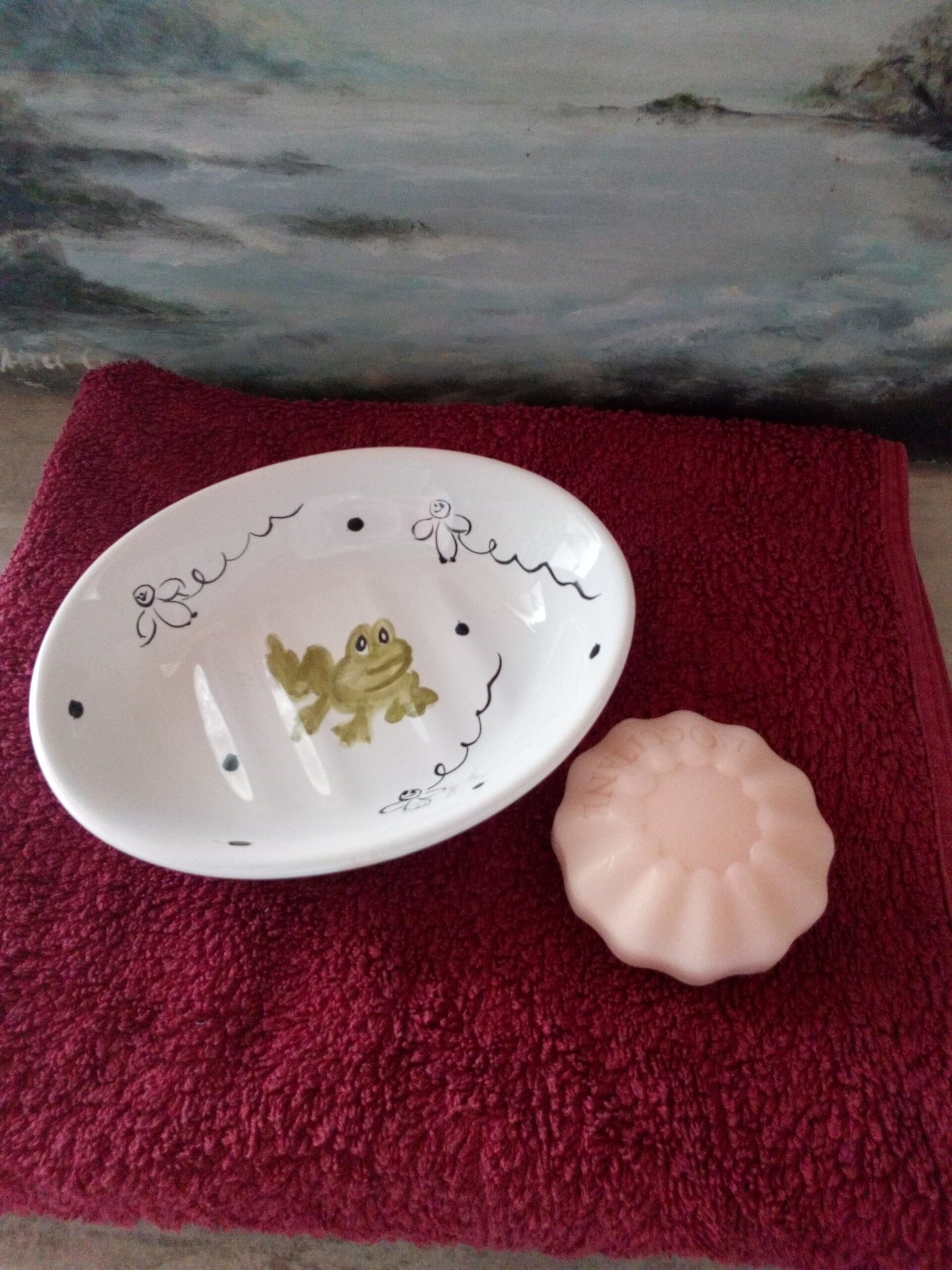 Plat de Savon Grenouille - Plat en Céramique Français Ovale Peinte à La Main Vert Blanc