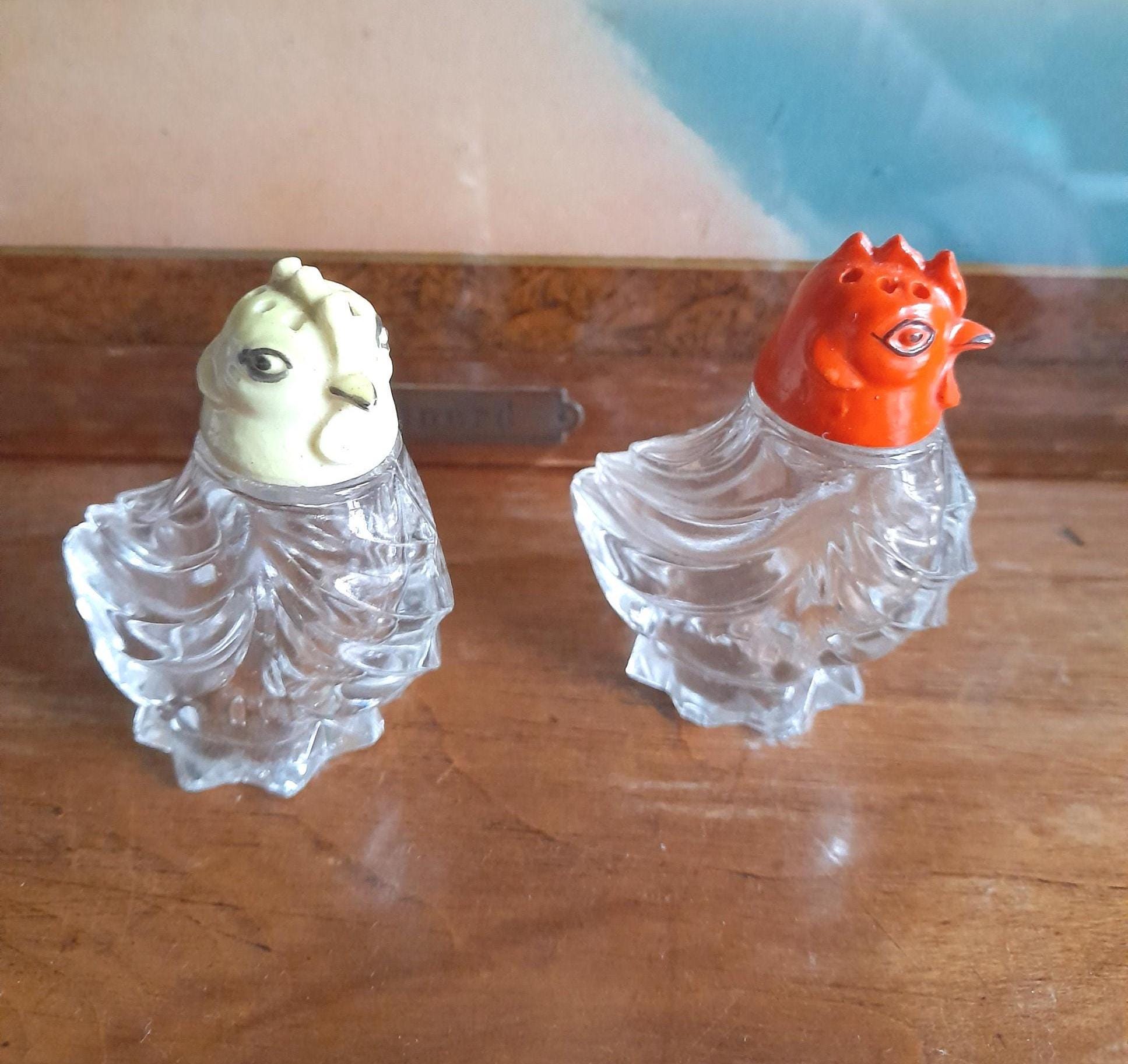 Two Sweet Small Vintage Chicken Glass Salt Shakers With Ceramic