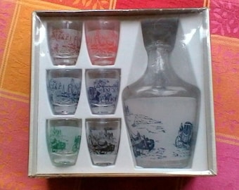 Service à liqueur Luminarc - Carafe en verre vintage française et 6 verres dans leur boîte d'origine