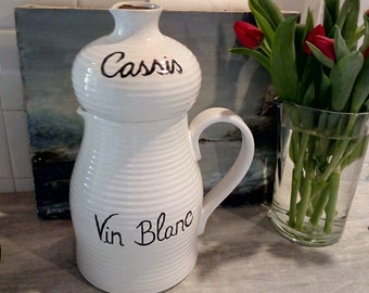 Kir jug - White wine and cassis jugs , 1.5 litre pichet and smaller cassis liqueur jug, Ceramic pitchers that fit together, made Portugal