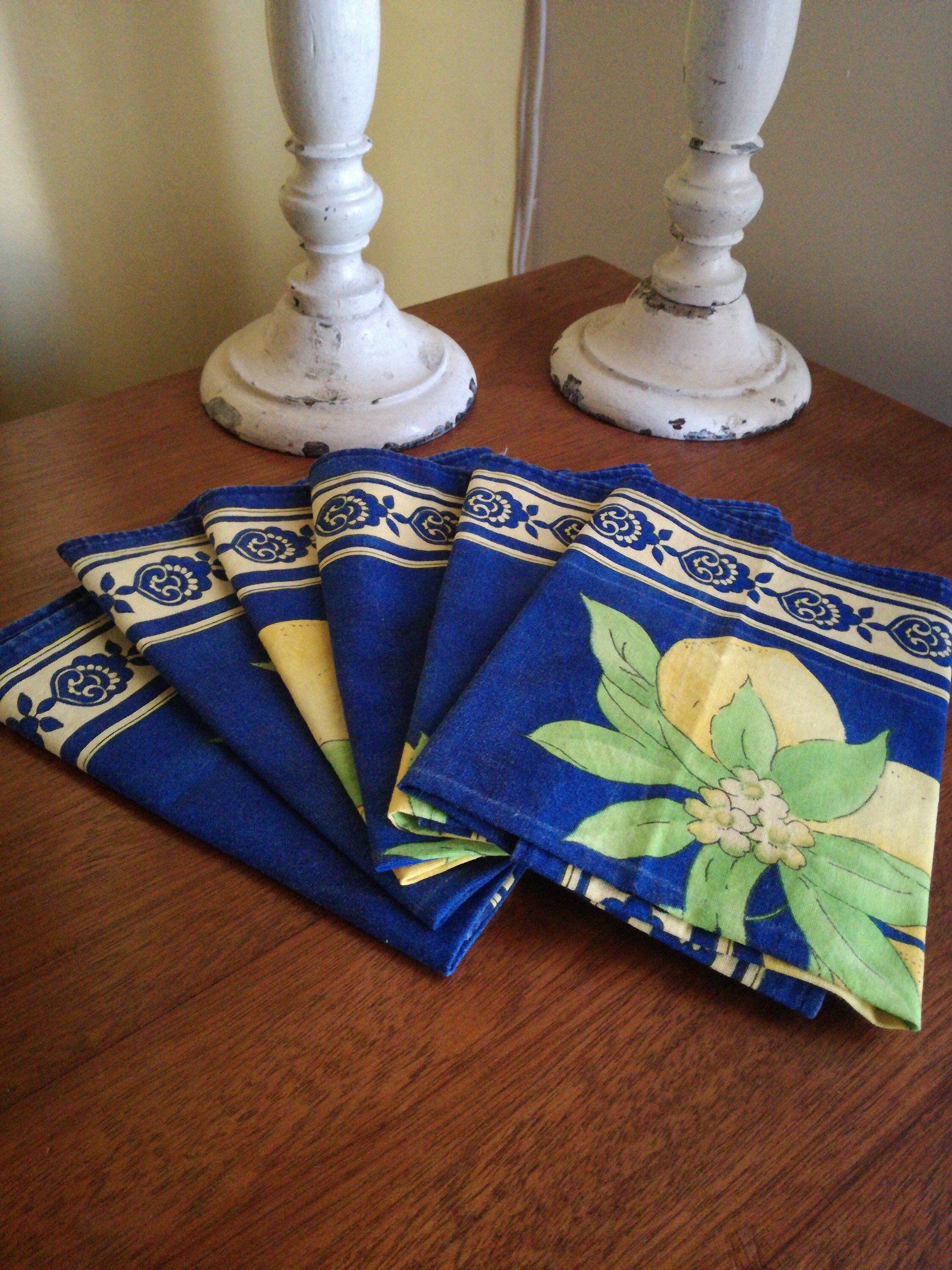 Serviettes Provençales - Ensemble de 6 Serviettes Au Citron Provençal Table Vintage Français Bleu et