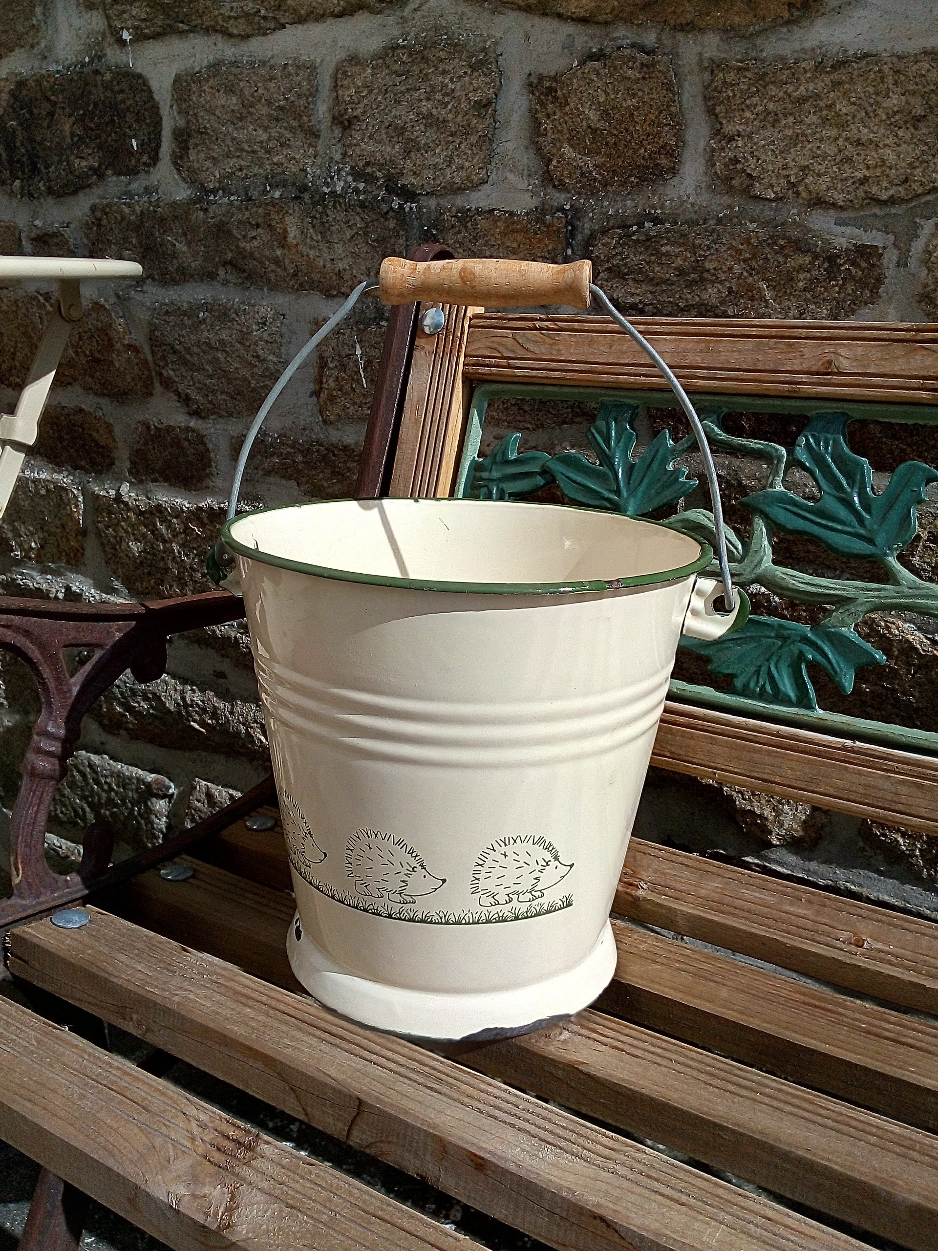 Grand Seau d'émail de Crème - Décor Français Hérissons Émail Colorée Pas Blanc