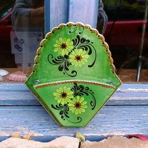 Lovely Soufflenheim signed coffee filter container -  French vintage "filtres" hand painted glazed pottery hanging storage box