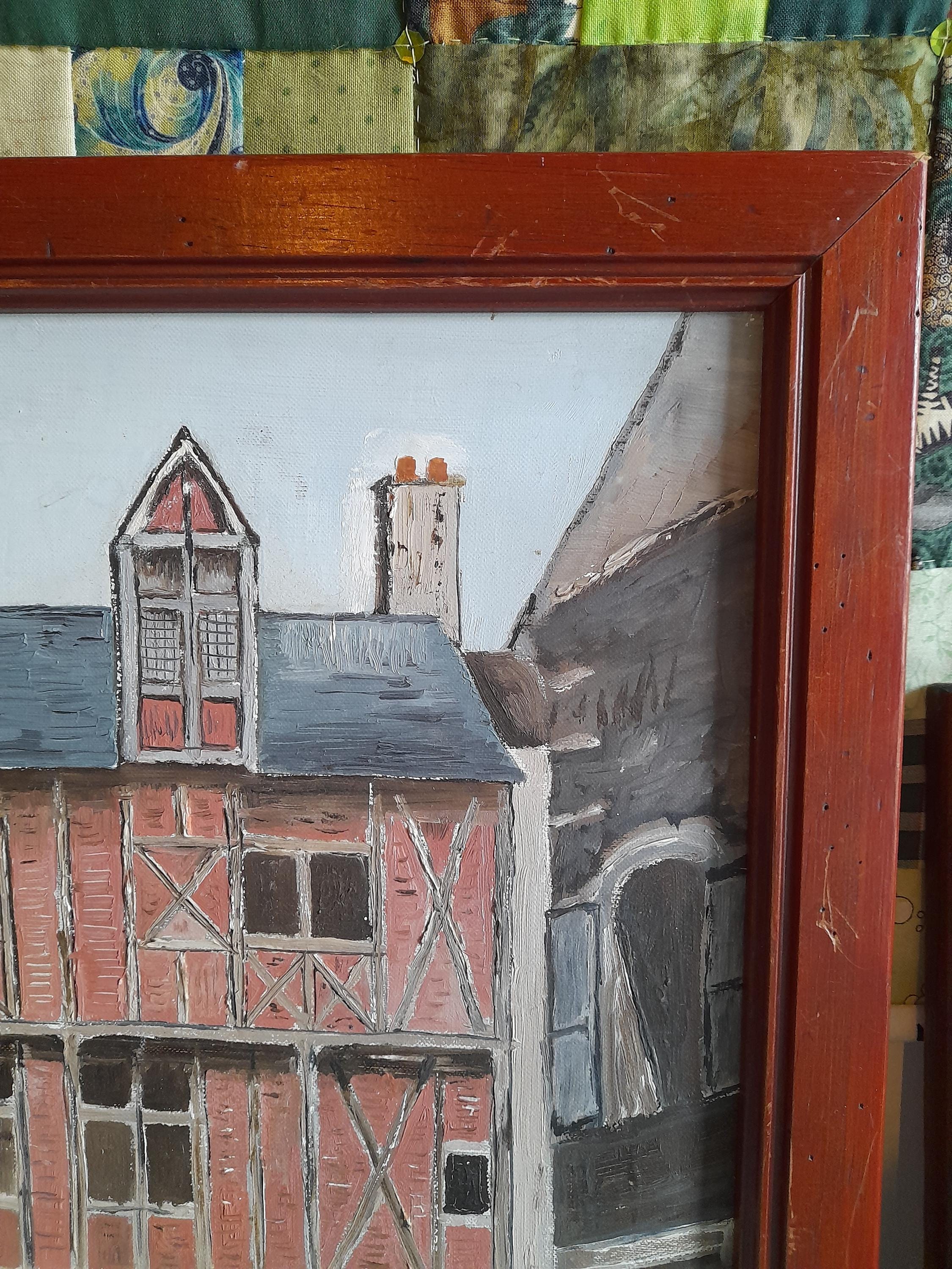 フランスの街の風景、キャンバスに描かれたビンテージの油絵、額入り