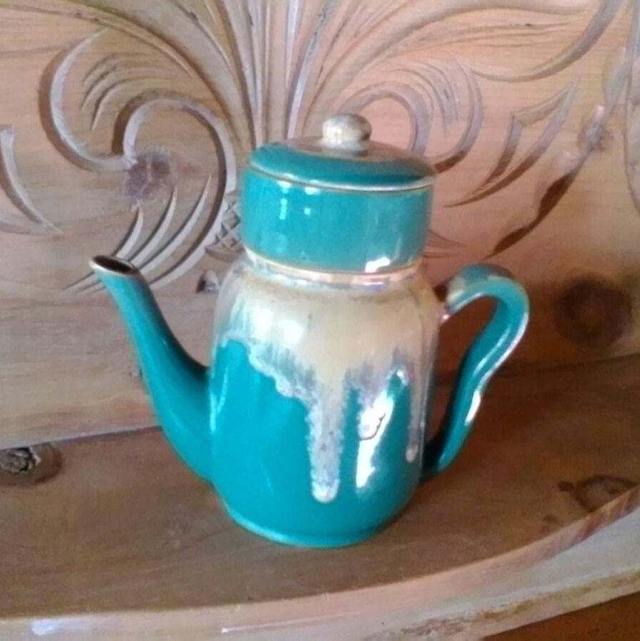 Small pottery coffee pot with filter hand painted flamm\u00e9 design French Arts-ceram vintage pottery cafeti\u00e8re