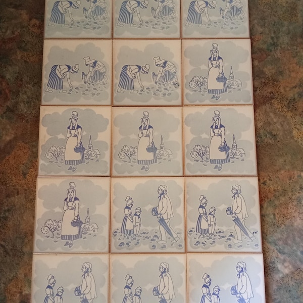 Fifteen square Sarreguemines tiles, vintage, unused, 11cm square, kitchen wall decor, ceramic, French, traditional costumes, blue,off-white