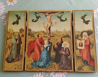 Ładny, zabytkowy tryptyk, kopia Tryptyku Ukrzyżowania Rogera van der Weydena - ikona drewniana, wolnostojąca lub do powieszenia na ścianie, Pasja