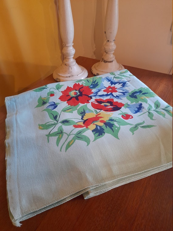Pale green vintage French floral tablecloth - 140 x 126 cm, blue and red flowers