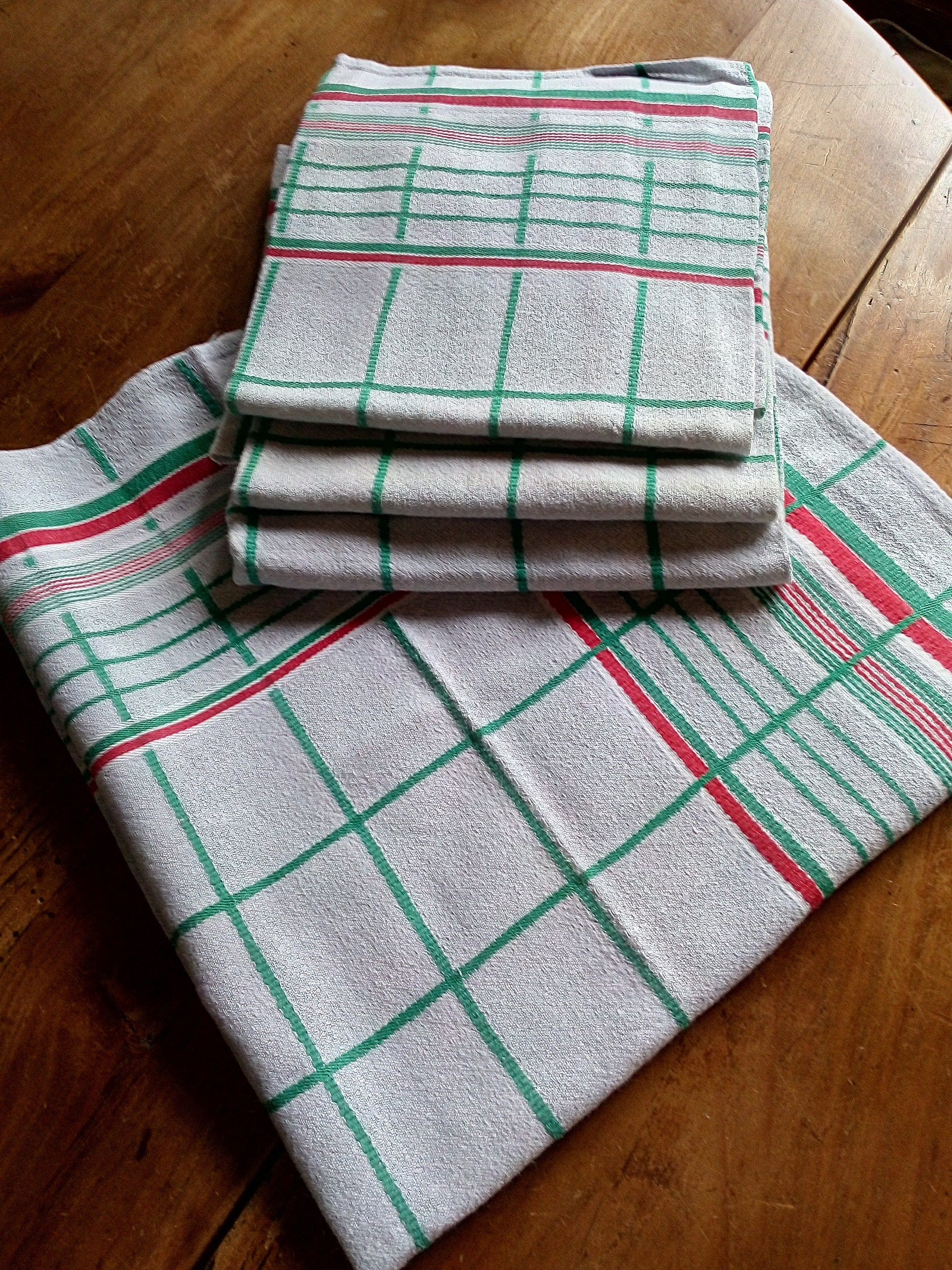 Bel Ensemble de 4 Français Serviettes Vintage Check - Table en Rouge et Vert