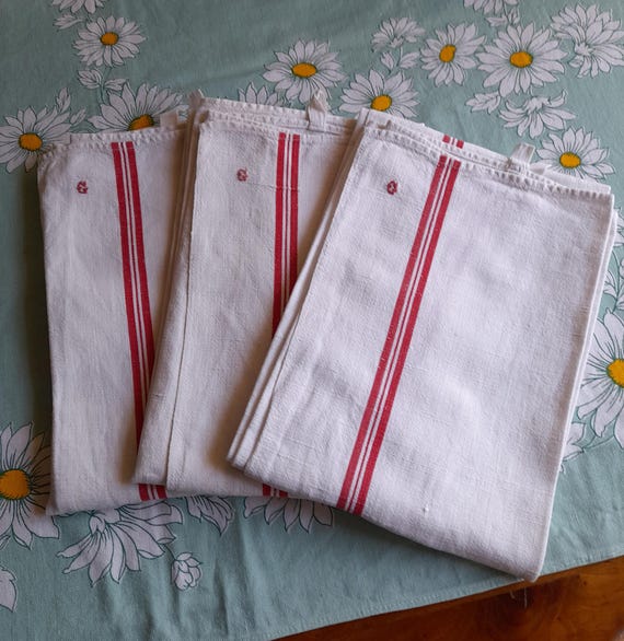 Antike französische Geschirrtücher Set - rotes Streifen-Monogramm