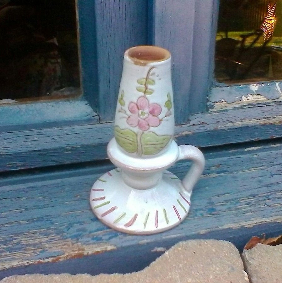 Candlestick - Une Belle Main Peinte à La Porte-Bougies de Poterie Marocaine Vintage Signé Salé