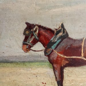 May include: An oil painting depicts a brown horse with a harness. The horse is facing left, with a detailed head and neck. The background is a blend of beige and gray, suggesting a rural scene. The artwork has a vintage aesthetic.