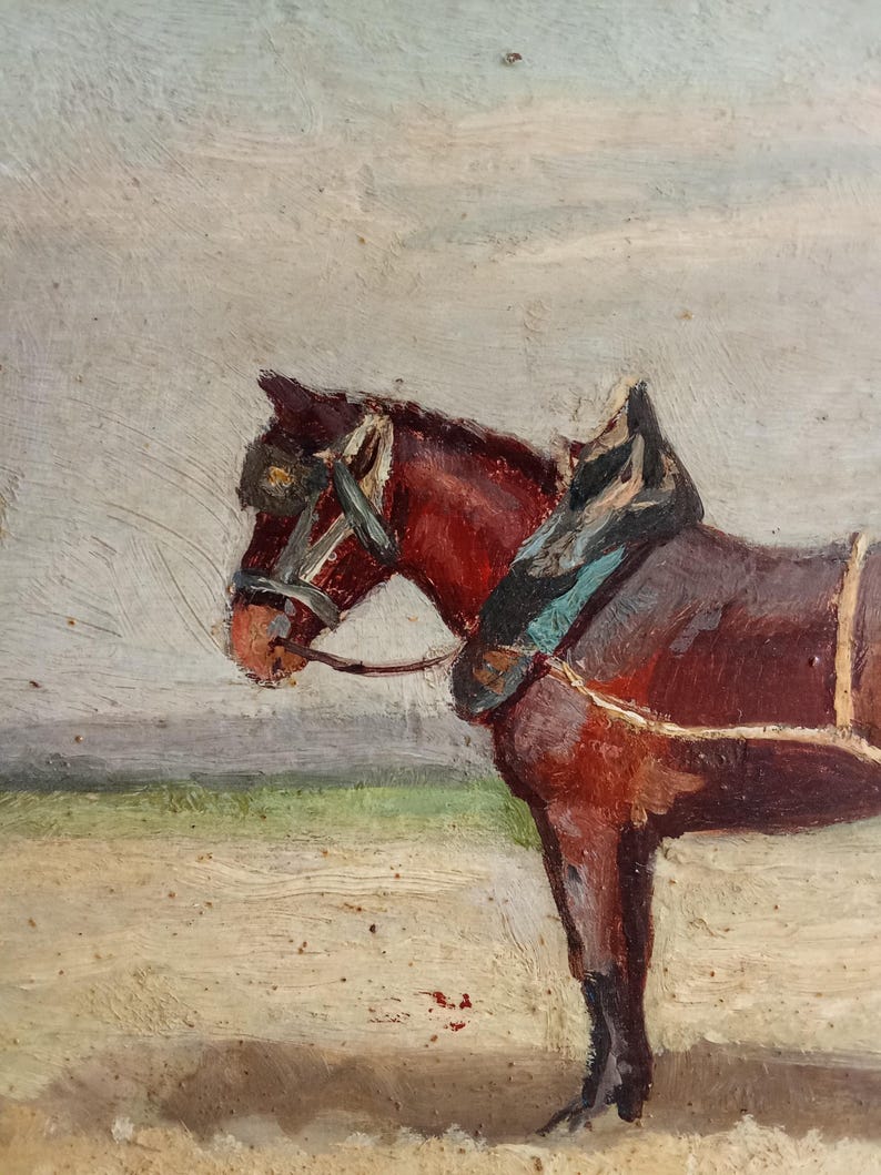 May include: An oil painting depicts a brown horse with a harness. The horse is facing left, with a detailed head and neck. The background is a blend of beige and gray, suggesting a rural scene. The artwork has a vintage aesthetic.