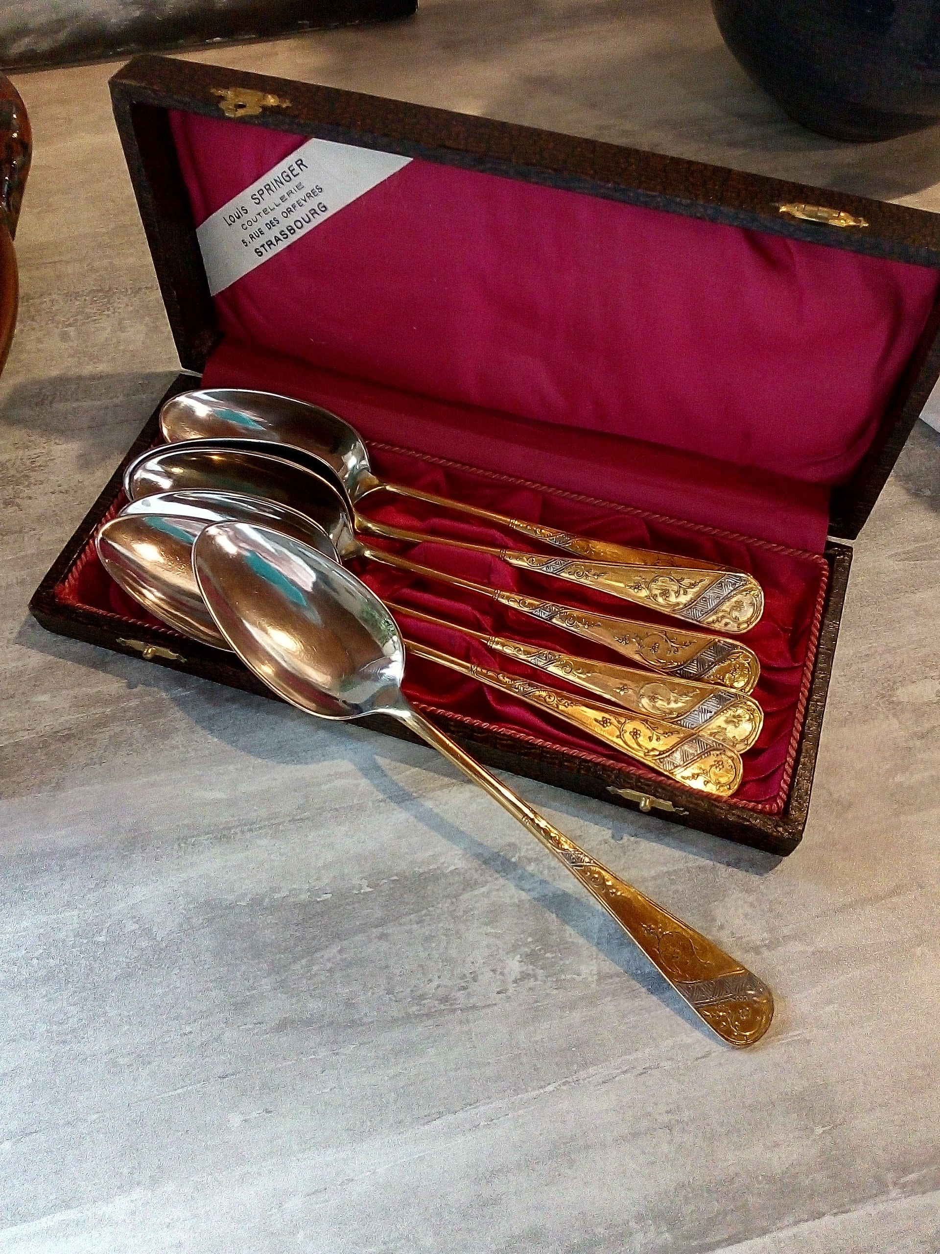 Six Grosses Cuillères - Boîte Marquée Louis Springer de Strasbourg Vintage Français Coffret 6 à Soup