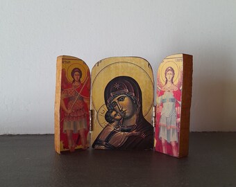 Tiny travel triptych - delicate carved wooden icon - freestanding - icon - religious - paper on wood