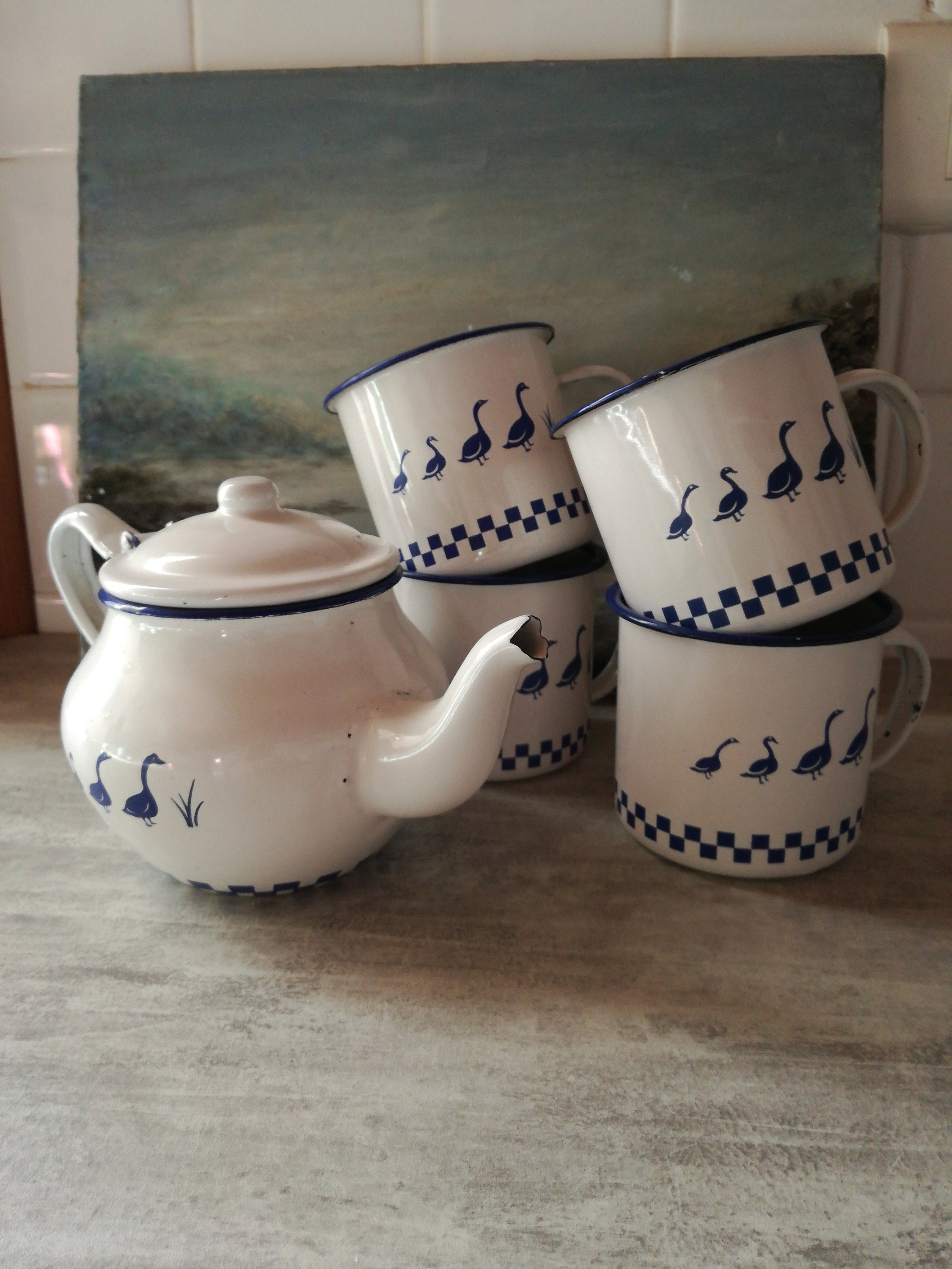 Service à Thé en Émail, Émail Blanc et Bleu Français - Oies, Théière 4 Tasses