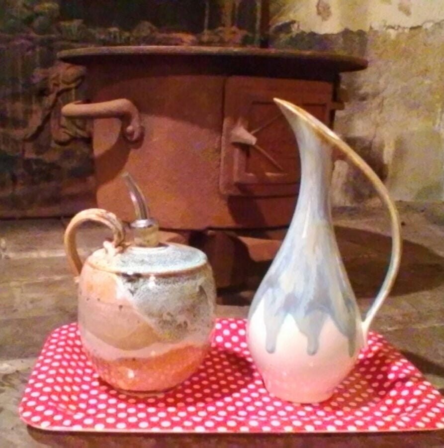 Récipients d'huile et de Vinaigre Étonnamment Vitrés - Français Poterie Glacée Vintage