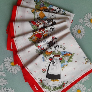 Vintage French napkins, red, white cotton, regions of France, Brittany, Alsace, Normandy, Provence, Savoy, Auvergne, 47 x 48.5 cm