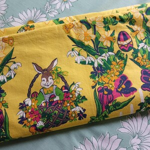 Rabbits, eggs and spring flowers, French cotton Easter tablecloth, 239 x 148 cm, hand sewn