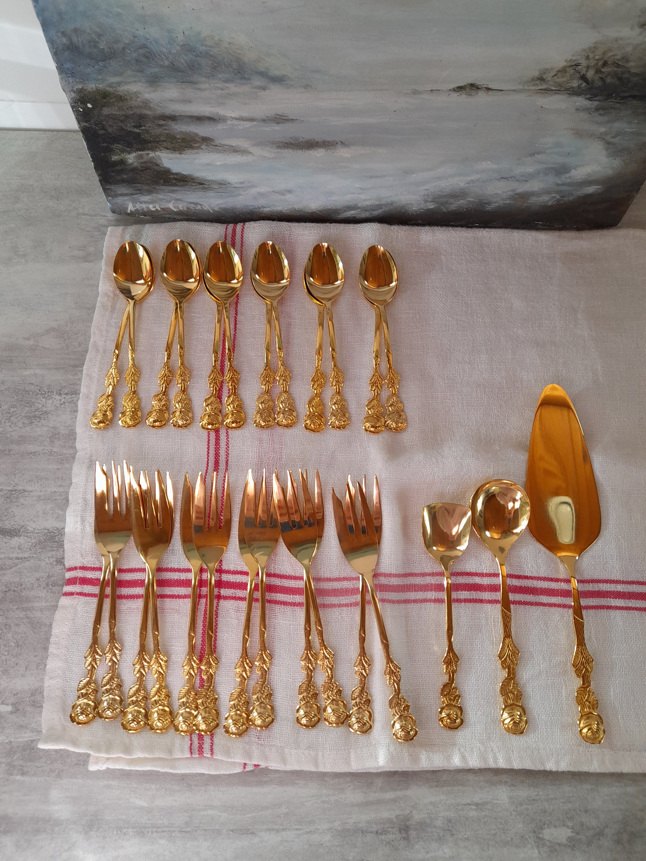 Lot De 12 Couverts à Gâteau Et Pelle - Métal Plaqué Or, Motif Rose, Style Art Déco, France