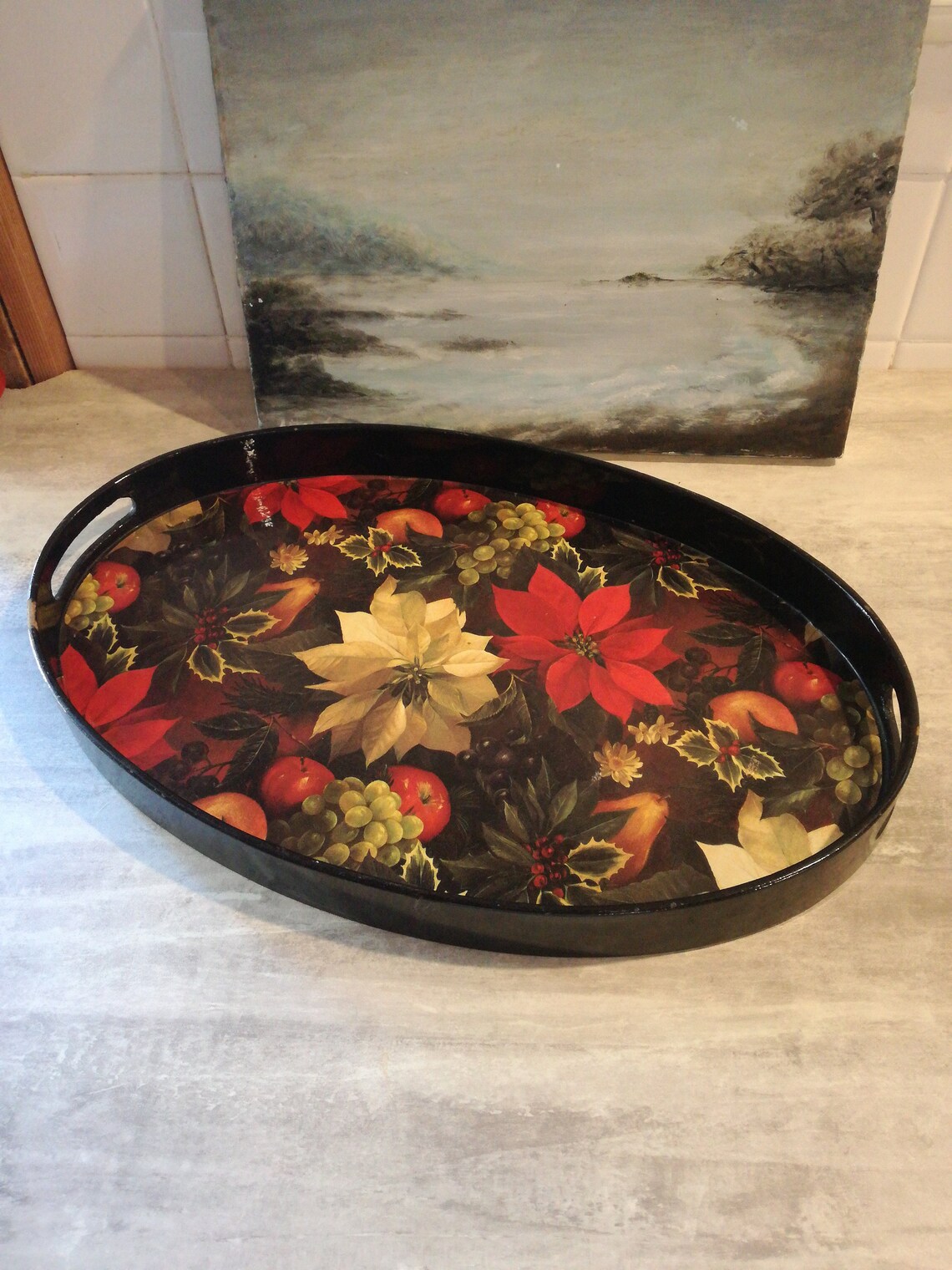 Pretty vintage tray decorated with a Christmas floral design image 1